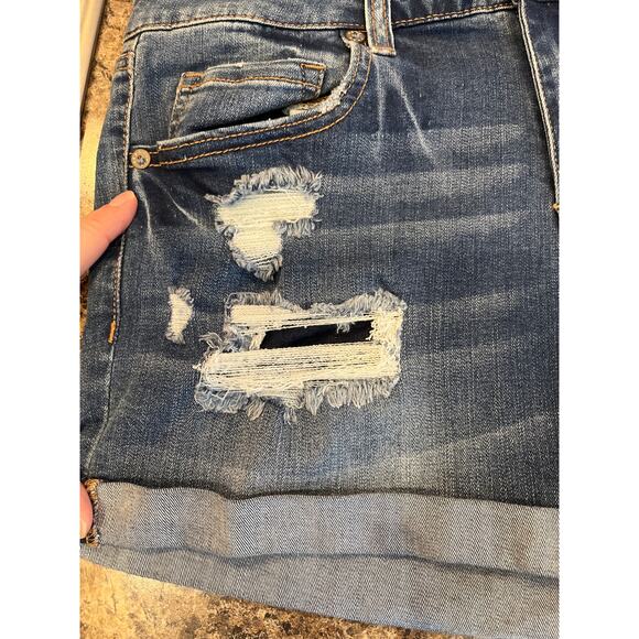 Aeropostale Low Rise Midi Distressed Blue Jean Cut Off Shorts Size 12 Cuffed - Picture 4 of 8